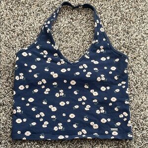 Hollister Navy Blue Floral Crop, Halter Top